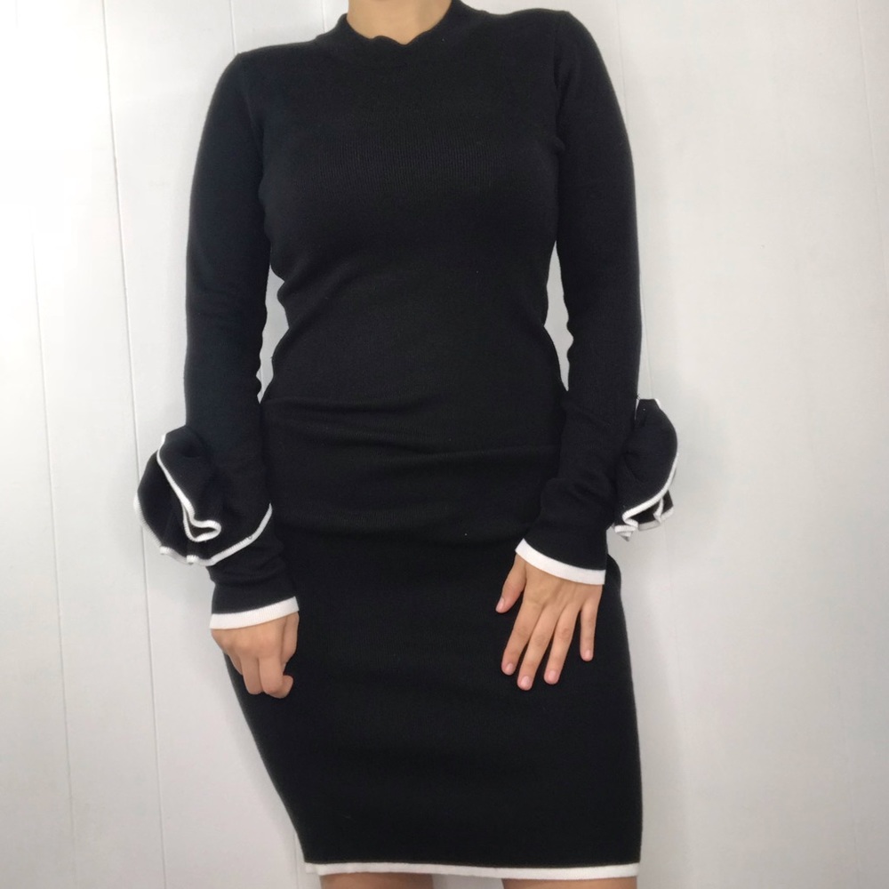 Black evening dress floral ruffle puff sleeve L